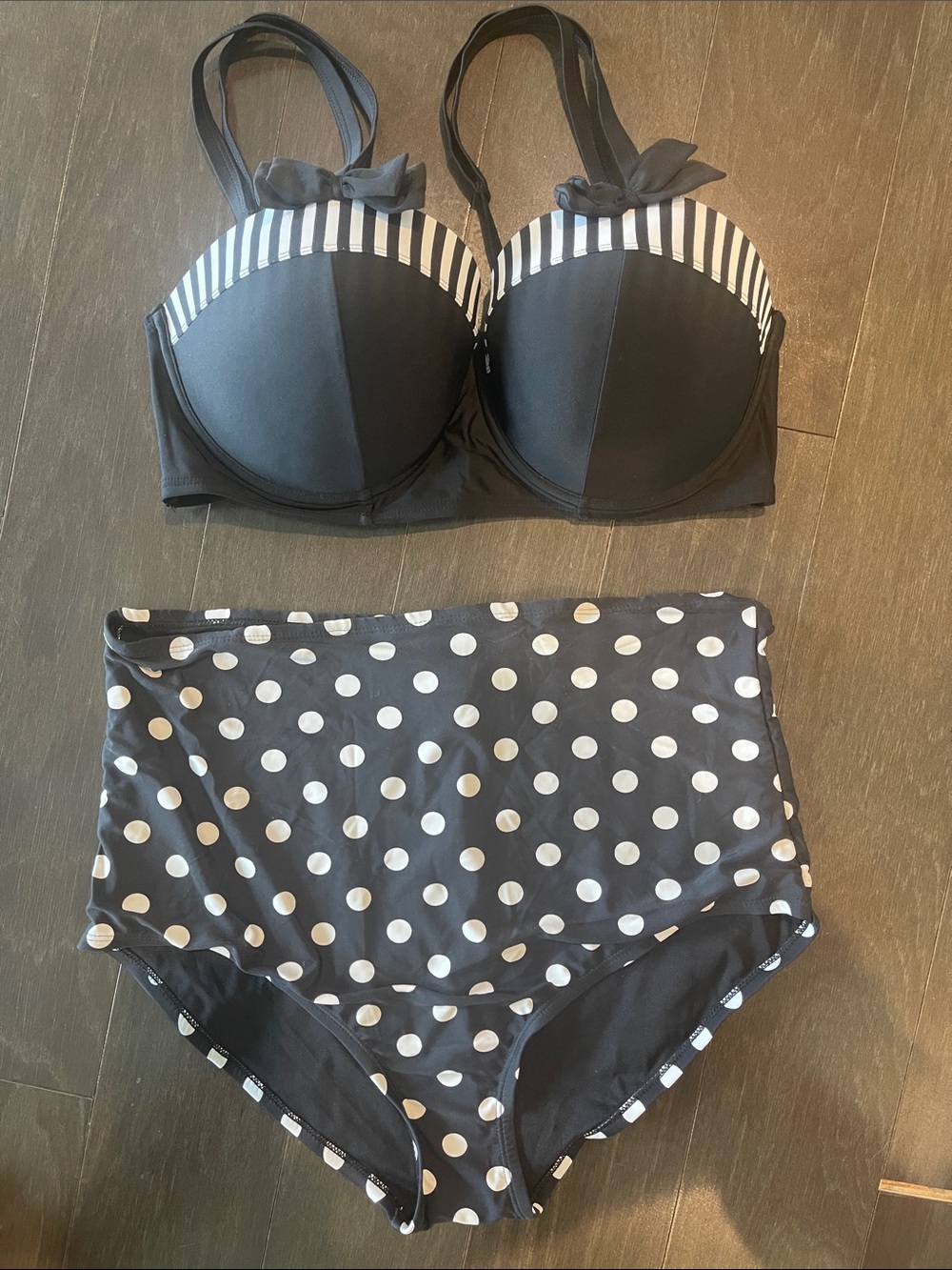 Unique Vintage Black and White Polka Dot High-Waist Bikini Set